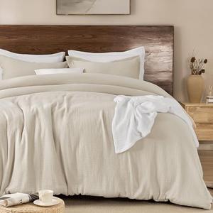 PHF Cotton Muslin Comforter Set King Size, Ultra Soft, Breathable & Lightweight All-Season Bedding, Filling: 100% Polyester, 3 Pieces with 1 Comforter 104"x90" and 2 Pillow Shams 20"x36", Natural