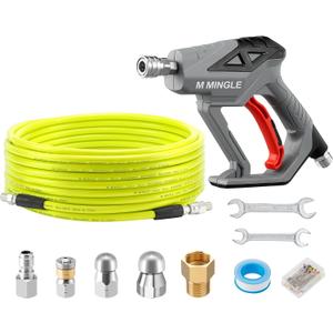 M MINGLE Sewer Jetter Kit for Pressure Washer 50 FT, Drain Cleaner Hose with Power Washer Gun, 1/4 Inch NPT Corner Rotating and Button Nose Sewer Jetting Nozzle, Orifice 4.0, 4.5 (Yellow)