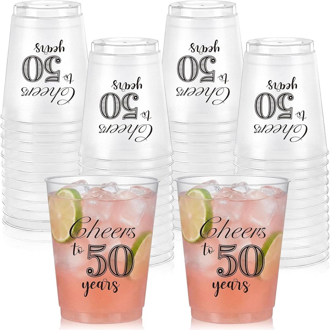 50 Pack 50th Birthday Frost Cups 12 oz Cheers to 50 Years Birthday Decorations Disposable Clear Plastic Cups for Women Men Cold Drinks Wedding Anniversary Party Favors