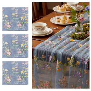 Windkream Blue Floral Table Runner 10ft Embroidery Tulle Spring Wildflower Table Runner Seasonal Summer Butterfly Kitchen Dining Gauze Decoration for Wedding Baby Bridal Shower Birthday Party (3 Pcs)