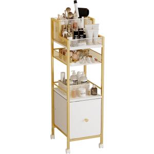 Makeup Organizer Storage Cart with Drawers, Large Floor Makeup Skincare Organizers, Rolling Makeup Cart Vanity Organizer Cosmetics Display Cases Holder for Nail Polish Brush Hair ToolGold