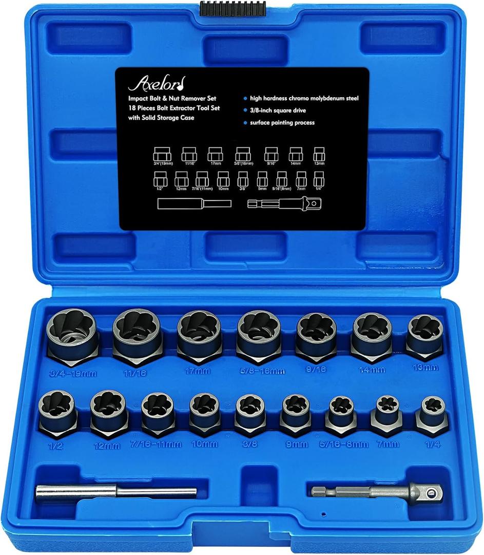 18Pcs Screw Puller Kit, Multi-Spline Hex Head, 3/8 Inch Drive Easy Removal Bolt Puller Kit for Removing Stripped, Rounded, Damaged, Broken, Screws and Bolts Removal Kit