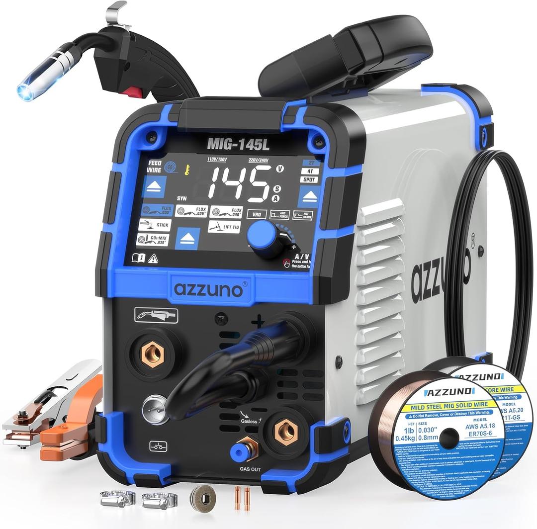 4 in 1 MIG Welder, 110/220V 145A Gas/Flux MIG/Stick/Lift TIG
4 in 1 Gas/Gasless Flux Core MIG/Lift TIG/Stick Welding Machine, Wire Feed Welder with Synergic Control
