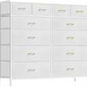 Compact 12 Drawers Dresser for Bedroom, Fabric Storage Tower, Chest of Drawers with Retro Wood Top for Closet, Nursery, Living Room (White)