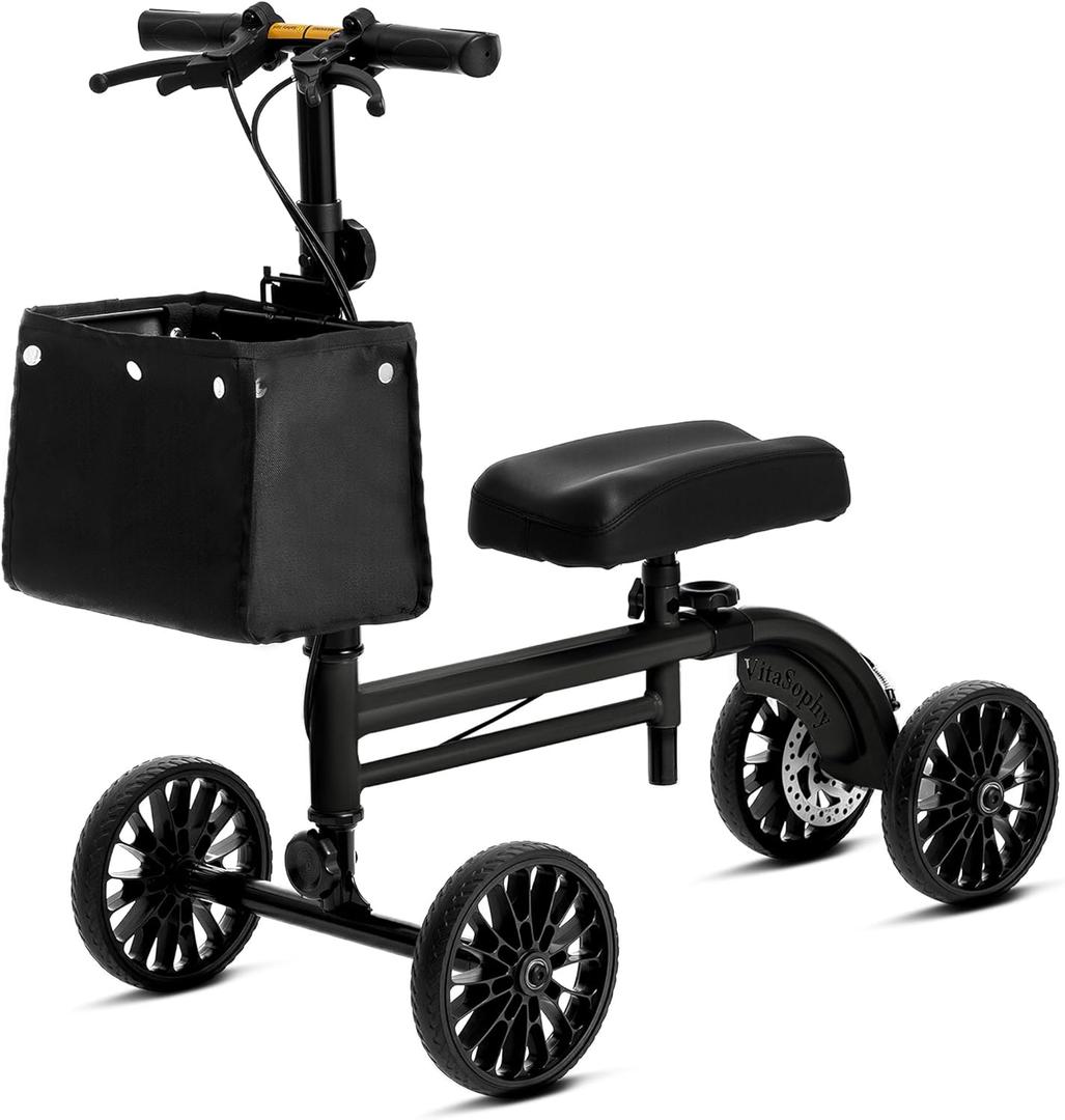 Knee Scooter with Disc Brake System, Steerable Knee Walker for Adults for Foot Surgery, Broken Ankle, Foldable Rover Scooter for Broken Foot Injured Leg Crutch (Black)