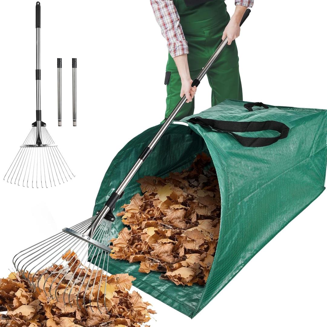 60Gallon Leaf Collector and Adjustable Metal Rake Set, Detachable 18 Tines Leaf Rake with Dustpan-Type Leaf Bag, Leaves Pick up Tool Set, Lawn and Leaf Collector Tool Kit for Lawn Yard Leaves, Shrub, Grass
