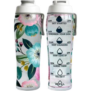 50 Strong Reusable Water Bottle with Time Markers 30 oz BPA-Free Leakproof Bottle with Chug Cap & Easy-Carry Handle Made in USA (Pretty Flowers)