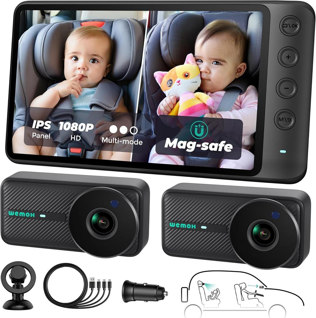 Magnetic Dual Baby Car Camera for Two Kids, 1080P IPS Display with Magnetic Mount, 3 Modes(Zoom/Mirror/Split), Automatic Night Vision, USB-Powered Car Camera for Baby Rear Facing (2 Cams)