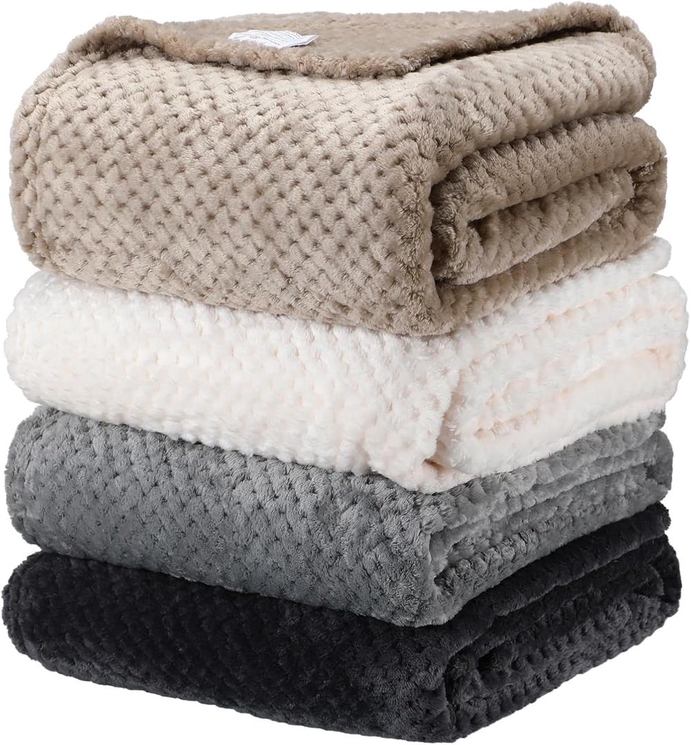 Newwiee 4 Pcs Flanne Fleece Throw Blanket for Bed Couch Large 3D Waffle Textured Soft Blanket Winter Warm Lightweight No Shedding No Pilling Decorative Throw, 50x60 Inch (Natural Color)