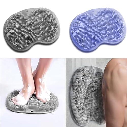 2 Pack Shower Back & Foot Scrubber, Wall Mounted Back Scrubber Silicone Bath Massage Cushion Brush with Suction Cups, Bathroom Wash Mat Exfoliating Dead Skin Brush (L-Blue Grey)