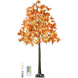 6FT 130 LED Lighted Maple Tree - Thanksgiving Decor Artificial Fall Tree with 13 Branches, 13 Acorns 260 Leaves, Remote 8 Flashing Modes, Timing, DC 5V Safe for Outdoor Wedding Party Autumn Decor