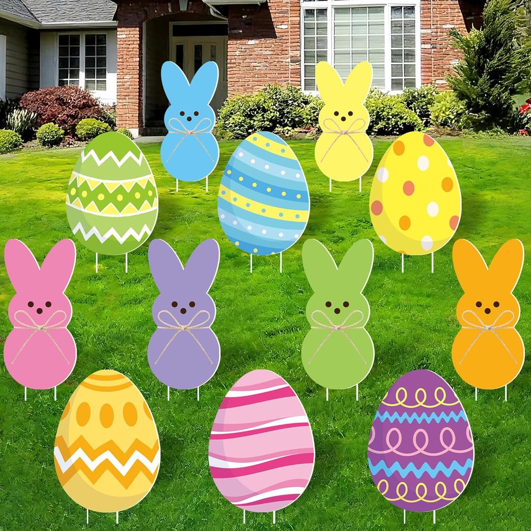 12 Pcs Easter Yard Signs Outdoor Bunny Eggs Lawn Sign with Stakes Waterproof Easter Peeps Rabbit Yard Stake Decorations for Spring Holiday Outdoor Home Garden Lawn Patio Party Props Decoration