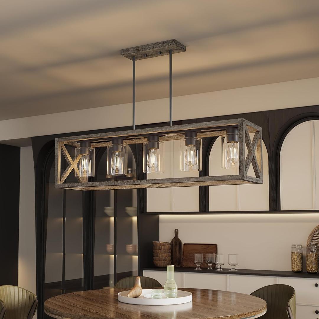 Dining Room Light Fixture, 5 Light, Natural Wood, Adjustable, Rectangle, 5 Light - L39"