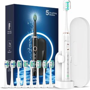 Rtauys M5 Sonic Electric Toothbrush for Adults - Rechargeable Electric Toothbrushes with 8 Brush Heads & Travel Case,Power Electric Toothbrush with Holder, 3 Hours Charge for 120 Days - White