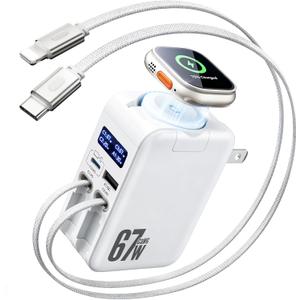 Hatalkin 5-in-1 Retractable Wall Charger for Apple Watch, 67W USB C Smart Display Fast Charging GaN with 2 Cables & 2 Ports, Foldable Travel Multiport Charger for iPhone 17/16/15, MacBook, iWatch,iPad
