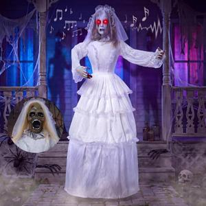 JOYIN 67" Halloween Outdoor Decorations Animatronic Bride, 180° Twisting Head Jump Scare, Creepy Sound Activated Prop with Glowing Eyes and Sounds, Scary Haunted House Props for Garden Yard Lawn