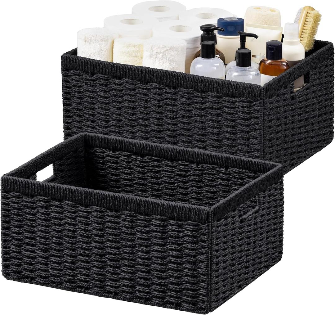 UBBCARE 2 Pack Wicker Basket, 16.5L13H7.5W inch Woven Paper Rope Storage Baskets for shelves, Foldable Rectangular Storage Baskets with Handle, Storage Basket for Organizing, Black