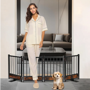 Freestanding Short Dog Gate, 16" Tall Pet Gate Indoor with Support Feet Easily Step Over, 4 Panel Metal Wood Foldable Pet Dog Gate, Up to 48" Wide Puppy Fence, Puppy Gate for for Doorway&Hallway Black