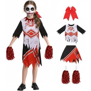 Cheerleader Costume Girls with Pompoms Red Bow Horror Scary Dresses Bloody Outfit Gift for Halloween Party Cosplay (Small)