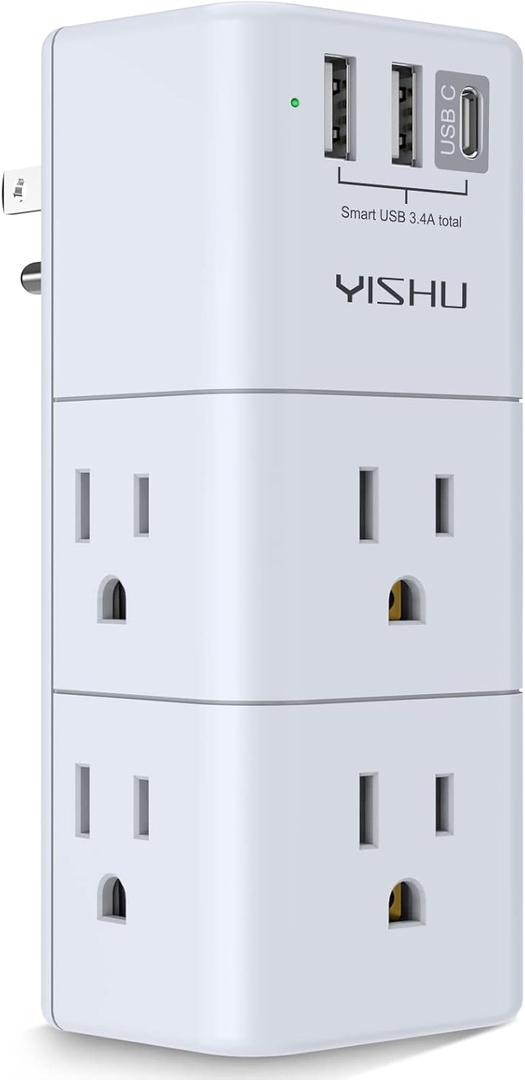 USB Multi Plug Outlet Extender - YISHU Surge Protector with Rotating Plug, 6 AC Plug Extender with 3 USB Ports, 3-Sided Swivel Power Strip Best Ideal Stocking Stuffers for Adults (White)