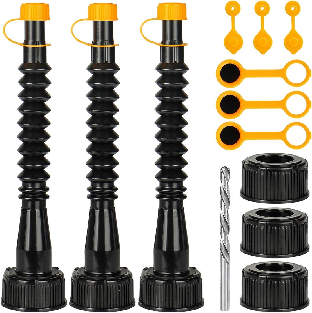 Gas Can Spout Replacement 3 Kits, Gas Can Nozzle Replacement Set for most 1/2/5 Gallon Gas Cans, Upgraded Fuel Tank Spout with Flexible Nozzle, Vent Cap, Thick Rubber Pad, Spout Cover, Black