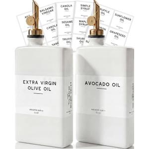 White Glass Olive Oil Dispenser Bottle for Kitchen by Brighter Barns - Avocado Oil Dispenser Set, Vanilla Syrup Bottle - Modern Decor, Gold Kitchen Accessories for Airbnb, Cafe (White/Gold, Set of 2)