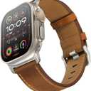 UUPWPOKT Leather Band Compatible with Apple Watch Ultra 3/2/1 Band 49mm 46mm 45mm 44mm 42mm Men, Genuine Leather Strap for iWatch Ultra Series 11 10 9 8 7 6 5 4 3 2 1 SE 3/2/1, Retro Brown/Titanium