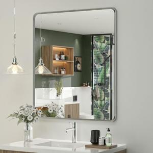 OKPAL 28 x 32 Silver Framed Mirror, Brushed Nickel Bathroom Mirror for Wall, Modern Rounded Rectangle Mirror, Brushed Silver Vanity Mirror, Anti-Rust, HD Glass (Horizontal/Vertical)