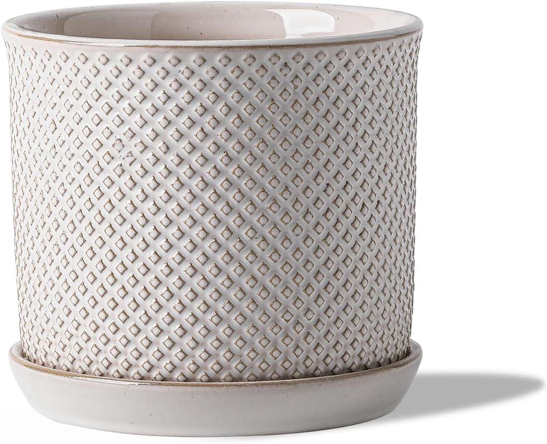 5.8 Inch Plant Pot: Ceramic Planter with Drainage Hole & Saucer for Indoor Outdoor Plants - Flowerpot with Bonded Tray for Home Office - Beaded Embossed Style, Cream White