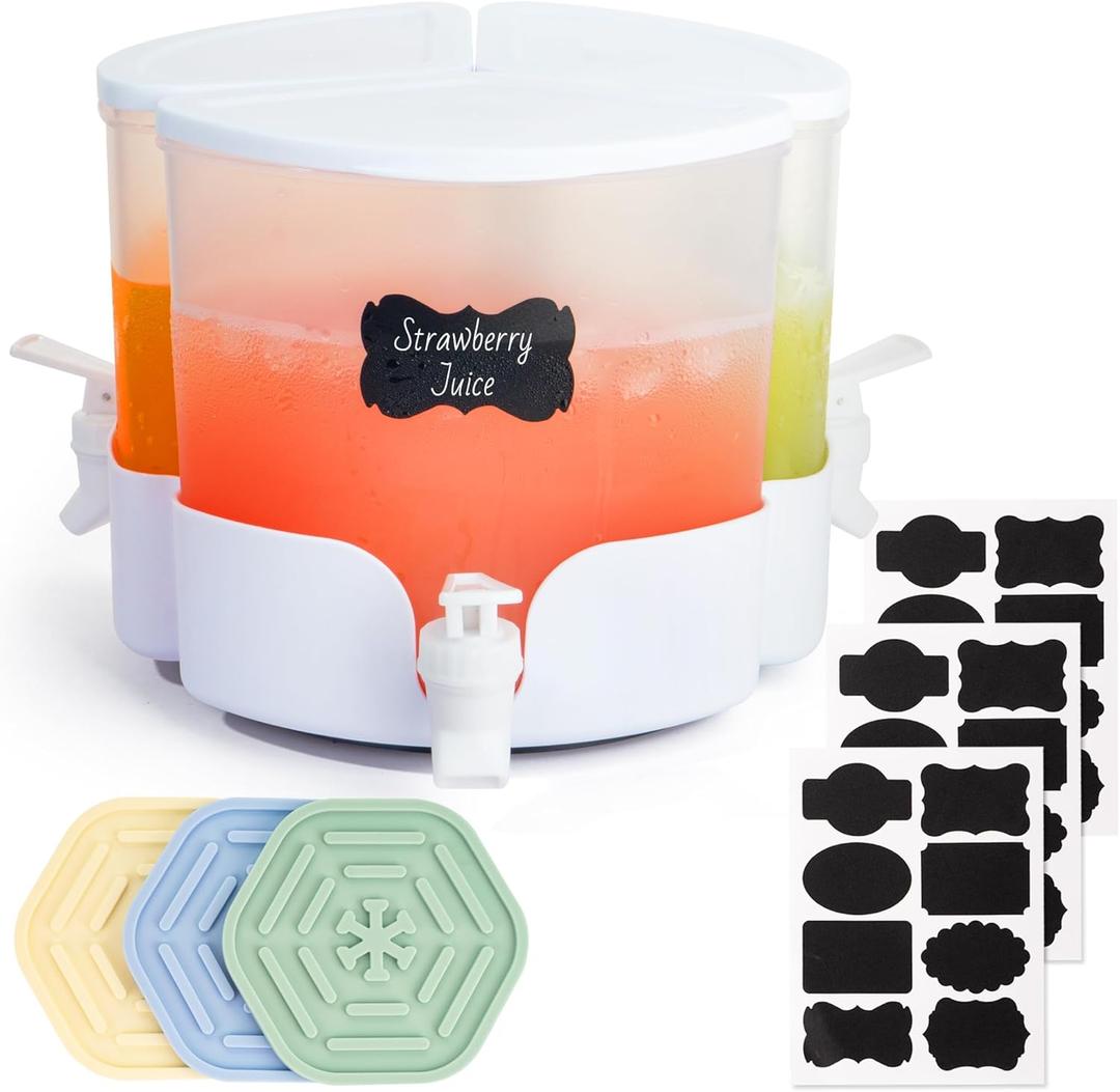 Rotatable 360 4.2L Beverage Dispenser for Fridge, 3 Grids Plastic Drink Dispenser with 3 Spigots, 3 Coasters and 24 Labels, for Lemonade, Tea, Milk