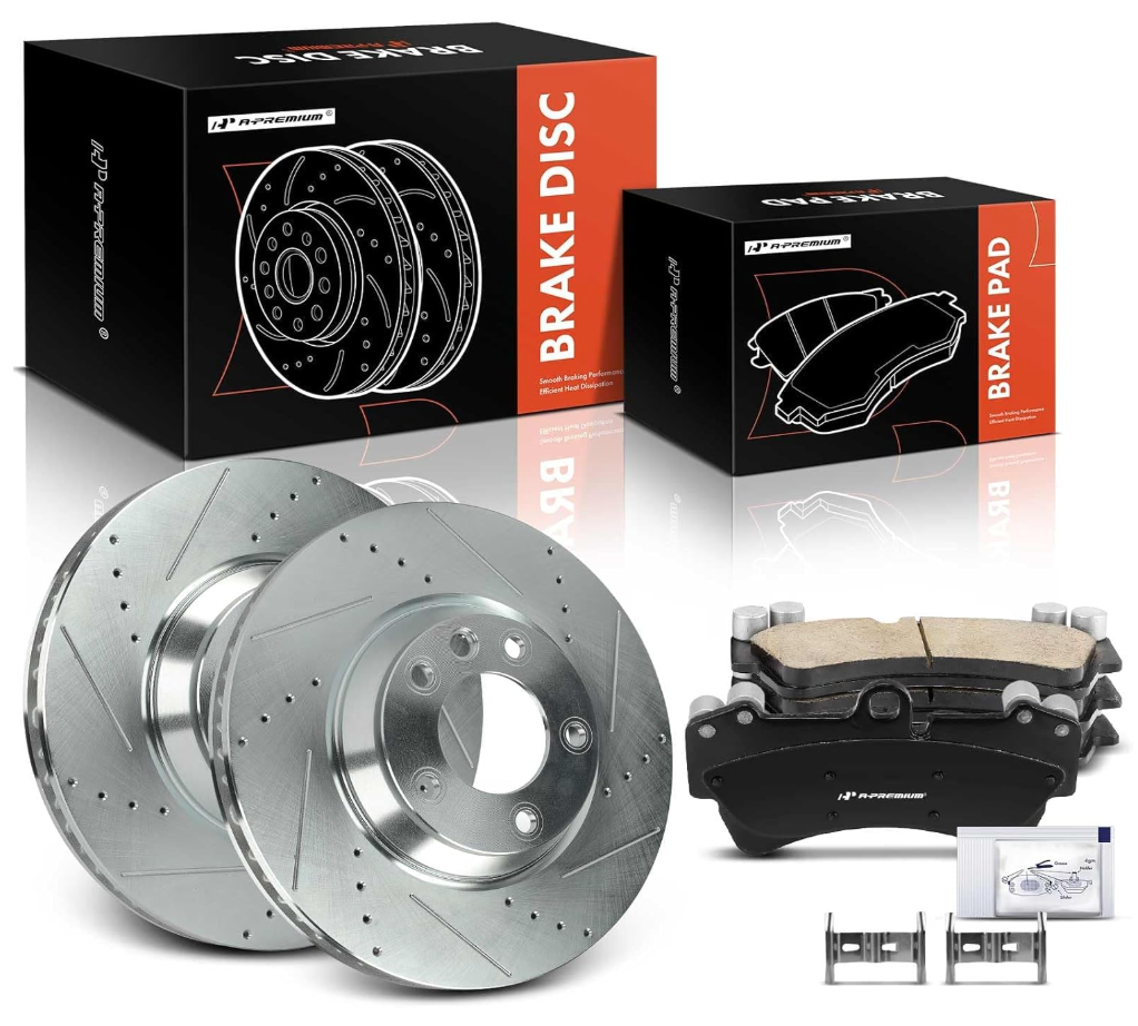 A-Premium 13.77 inch (349.7mm) Front Drilled and Slotted Disc Brake Rotors + Ceramic Pads Kit Compatible with Select Audi, Porsche & Volkswagen Models - Q7 2007-2015, Touareg 2004-2008/2010, 6-PC Set