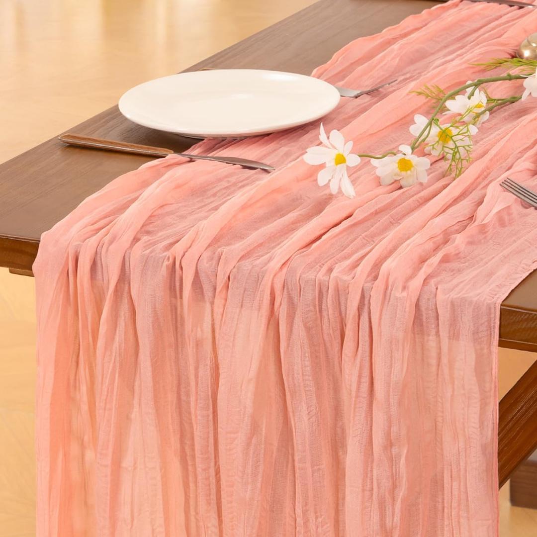 Socomi 3pcs Coral Peach Summer Cheesecloth Table Runner Boho Rustic Gauze 120 inch 10FT Cheese Cloth Sheer Runner for Wedding Party Baby Shower Birthday Home Decor Holiday Decorations