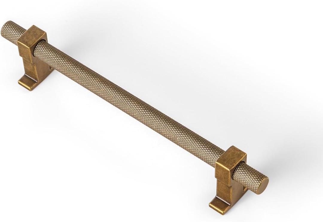 Goo-Ki 6 Pack 5" Antique Brass Knurled Cabinet Handles  Solid Bar Pulls with Industrial Textured Grip, Ideal for Kitchen Cabinets, Dressers, Vintage Hardware (5" Center to Center)