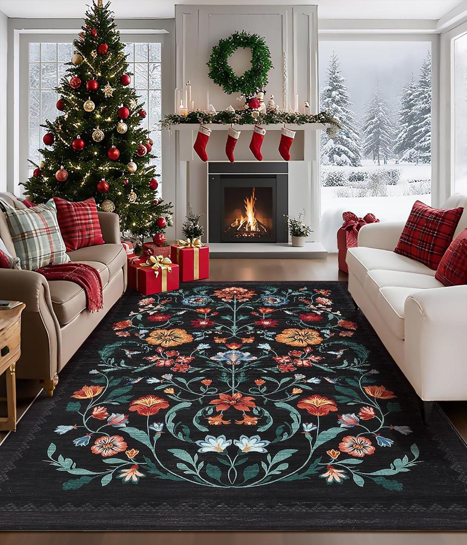 GarveeHome Washable Rug 8x10 Area Rugs for Living Room, Floral Rug for Bedroom, Soft Vintage Non Slip Throw Rugs with Rubber Back, Low Pile Stain Resistant Boho Floral Carpet for Dining Room, Black