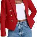Cicy Bell Women Cropped Tweed Blazer Jackets Lapel Open Front Long Sleeve Business Suit Jackets with Pocket (Large, Red)