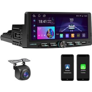 Android System Single Din Car Stereo, 2G+32G Wireless CarPlay & Android Auto, Touchscreen Car Radio with Backup Camera, GPS Navigation, WiFi, Bluetooth, SWC, DSP (Black)