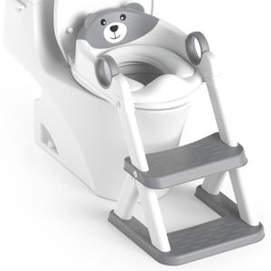 Rabb 1st Potty Training Seat, Toddler Toilet Seat for Kids Boys Girls, 2 in1 Potty Training Toilet with Step Stool, 6 Adjustable Height, Splash Guard, Stable Triangular Anti-Slip Design(Grey)