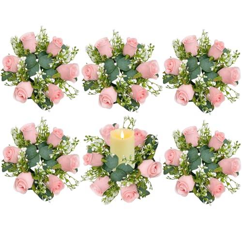 tyoungg 6 PCs Artificial Pink Rose Eucalyptus Pillar Candle Rings Wreath Weddding Banquet Reception Table Centerpiece Spring Home Decor (6, Pink)