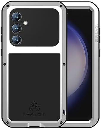 LOVE MEI Military Rugged Case for Samsung Galaxy S23 Fe, with Tempered Glass Screen Protector, Shockproof Dustproof Scratch Proof Hybrid Metal and Silicone Gel Heavy Duty Full Body Cover Silver
