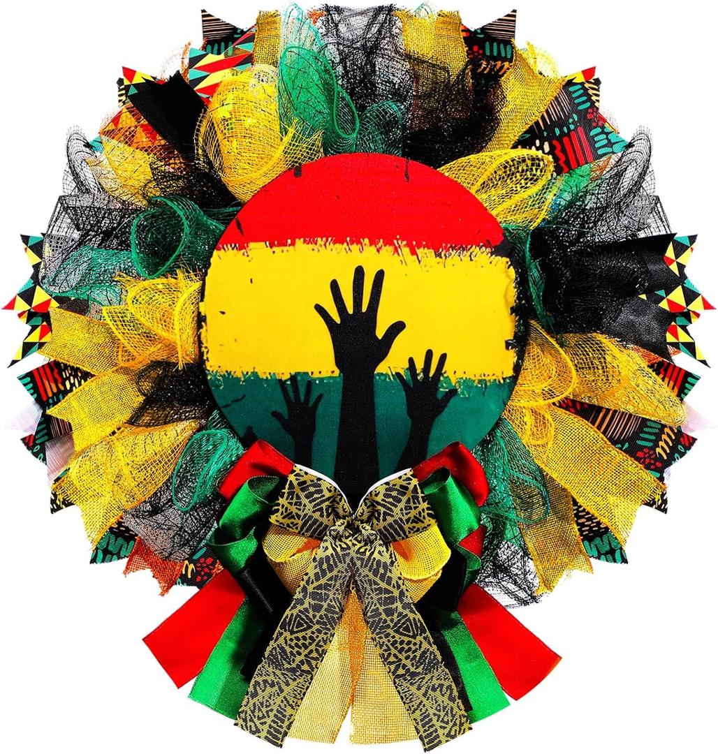Wavwavw Black History Month Wreath for Front Door 13.7 Inch Black History Month Door Decorations Burlap Bow Wreath for Juneteenth Kwanzaa African American Hanging Sign Freedom Day Party Decor Supplies
