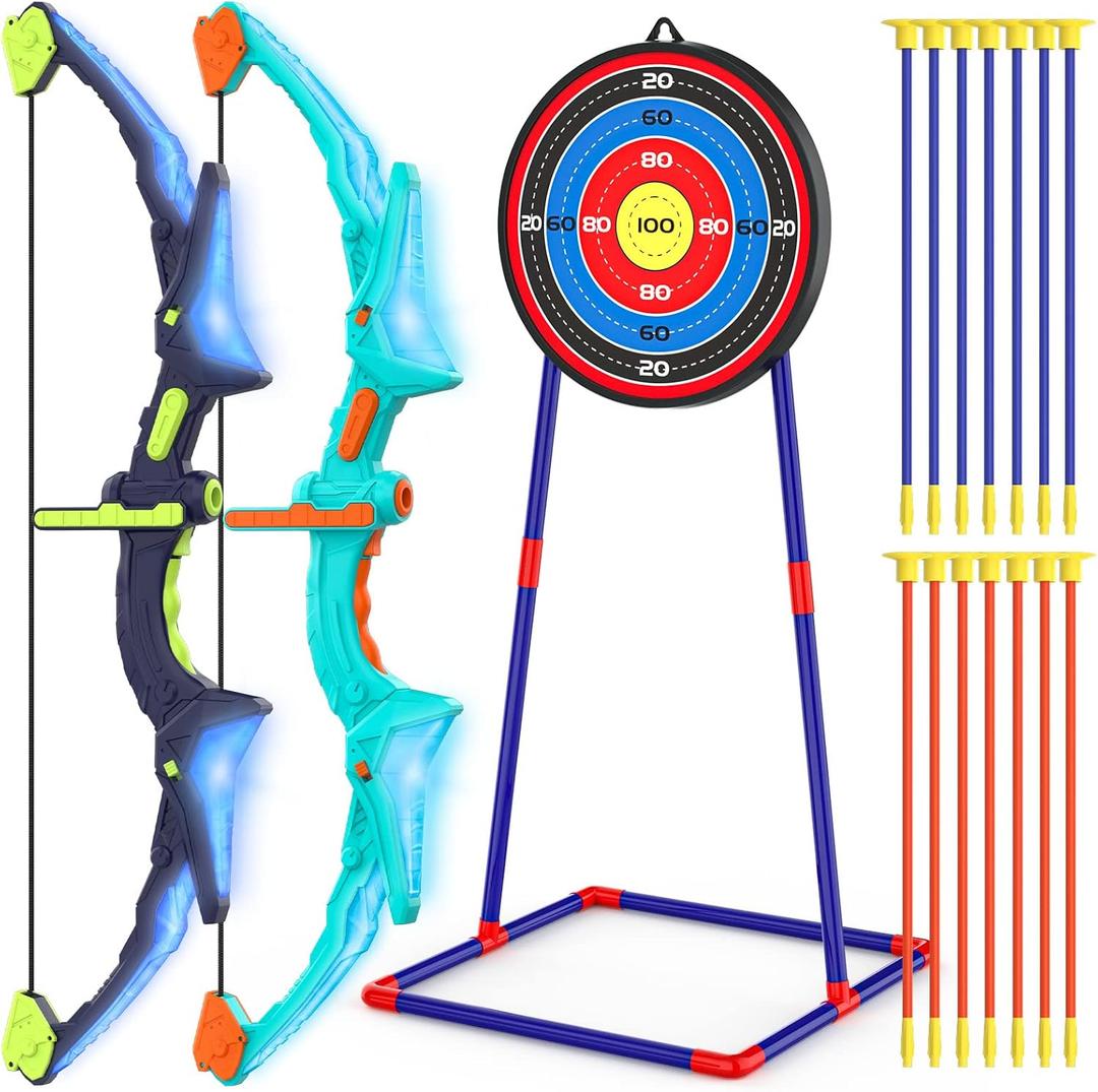 2 Pack Bow and Arrow Set for Kids, Light Up Archery Set with 14 Suction Cup Arrows, Archery Targets Outdoor Games for Kids Ages 4-8 8-12, Birthday Gifts Toys for 5 6 7 8 9 10 11 12 Year Old Boys Girls (Blue & purple)