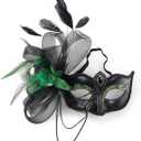 2 x elegant black feather masquerade ball mask for women and men - perfect couple accessory for masquerade Halloween (Green)