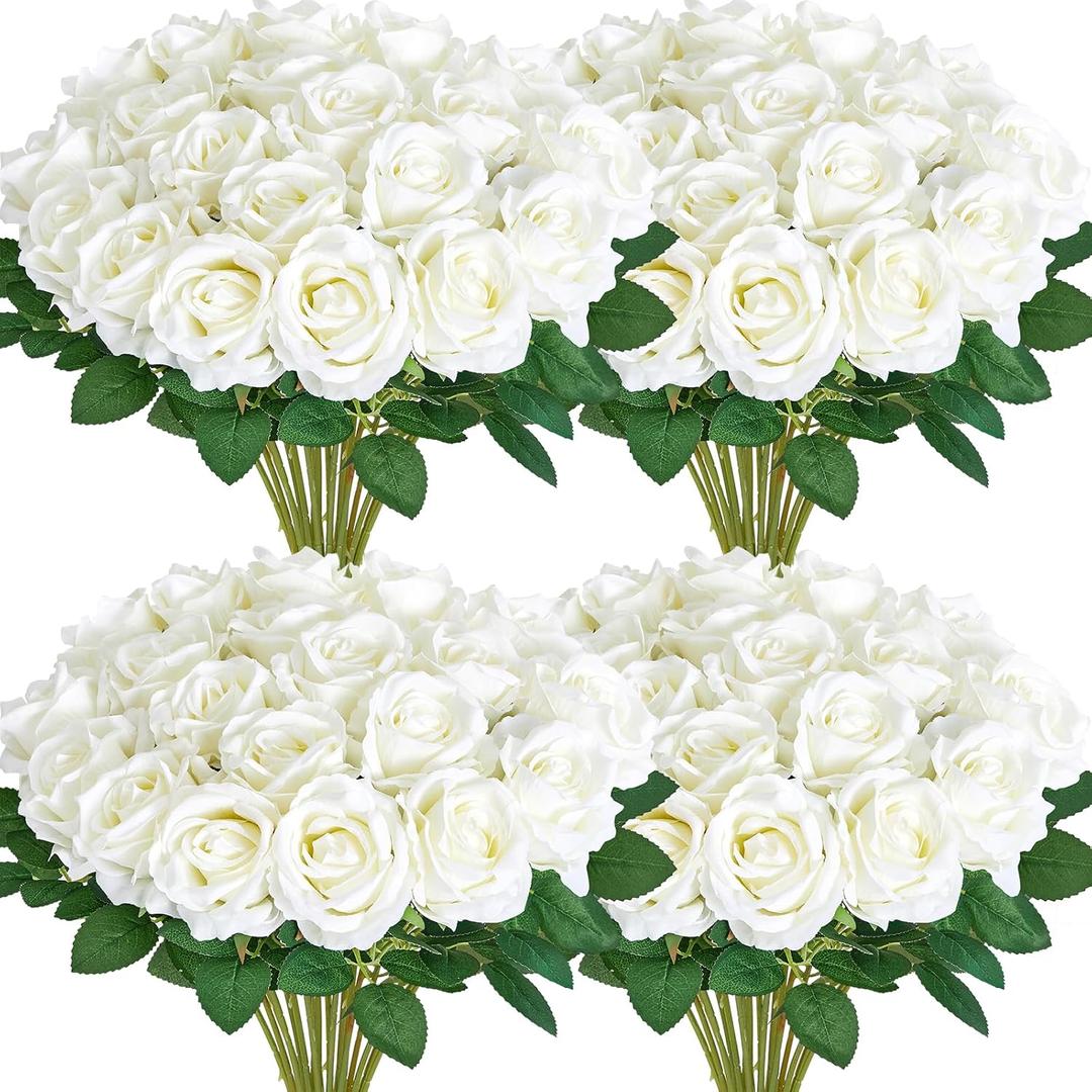 Serwalin 60 PCS White Artificial Roses in Bulk, Fake Silk Roses Realistic Roses for Bridal Bouquet Wedding Centerpieces Flower Arrangement Party Home Decor (60PCS)