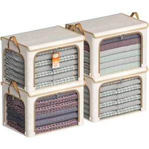 4 Pack Clothes Storage Bins with Metal Frame - Stackable Storage Box with Lid，66L Foldable Storage Container Organizer for Clothes，Linen Fabric Storage Box with Clear Window＆Zipper