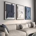 Large 3D Textured Framed Blue and White Abstract Wall Art for Living Room, 3 Piece Modern Artwork for Walls, Minimalist Navy Blue Geometric Paintings for Hallway, Stair, Office Wall Decor 24x36 In