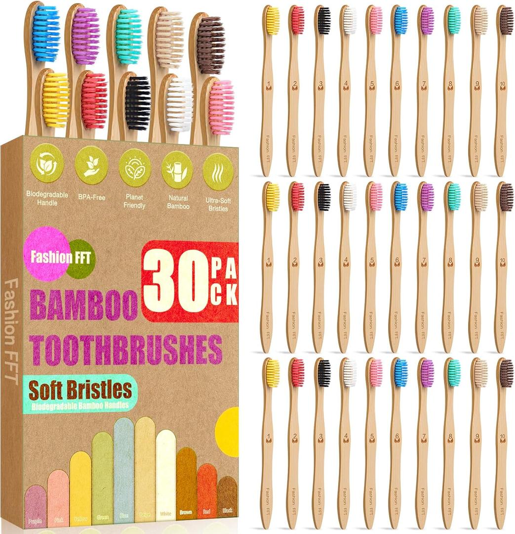 30 Pack Bamboo Toothbrushes  Soft Bristle, BPA-Free, Natural Wood Handle, Bulk Toothbrush Set for Adults Family Travel (Vibrant 10 Colors)