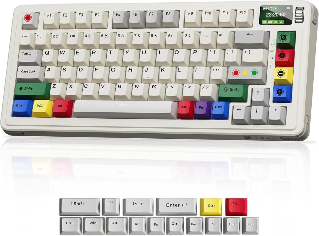 BOYI C75 Wireless Retro Mechanical Keyboard with Screen,BT 5.0/2.4GHz/USB-C/USB-A,Custom Hot Swappable RGB Backlit,75% Gasket Mounted Compact Keyboard for Gaming/Typing/Win/Mac/PC(Beige,Linear Switch)