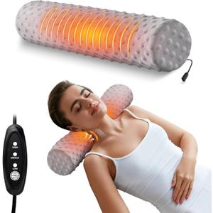 USB Heated Neck Pillow, Memory Foam Cervical Roll Pillow for Neck Pain Relief, 3 Heating Settings, 60 Min Auto Off, 18"x 4" Bolster Round Pillow, Washable Cover