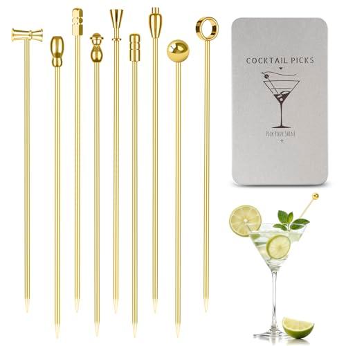 Metal Cocktail Martini Picks Gold, 4.1 in Olive Skewers Stainless Steel, Martini Garnish Sticks Reusable, Metal Toothpicks for Drinks, Appetizers, Cheese, Gift for Mother Bar Accessories - 9 Pcs