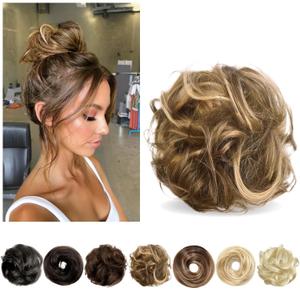 Human Hair Messy Bun Hair Piece, Brown Mixed Honey Blonde, 5.5 Inch, Curly